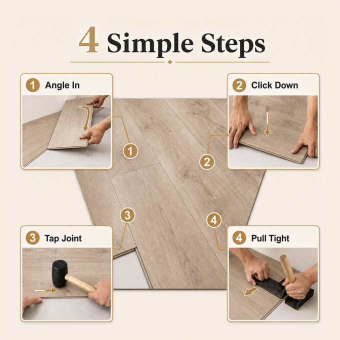 SPC vinyl plank flooring with authentic wood grain aesthetic — angled view